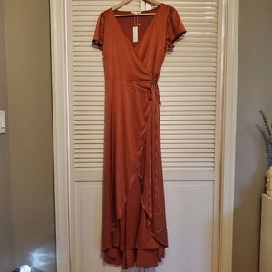 NWT Baltic Born rust large short sleeve high low hem satin dress